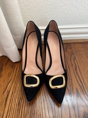 Rupert Sanderson Black Suede Pointed Toe Pumps with Gold Buckle Size 42